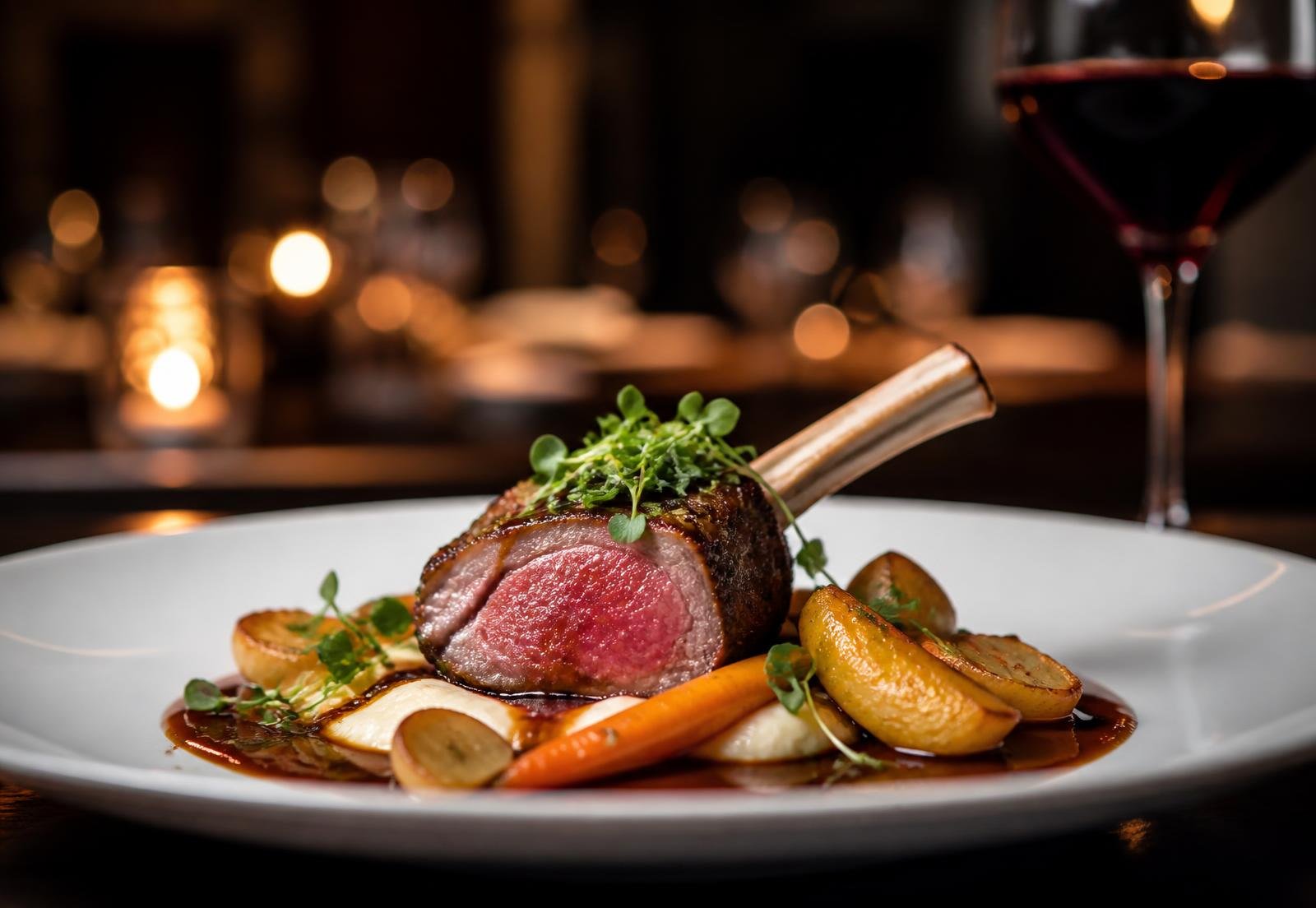 Plated fine dining dish in a warmly lit restaurant